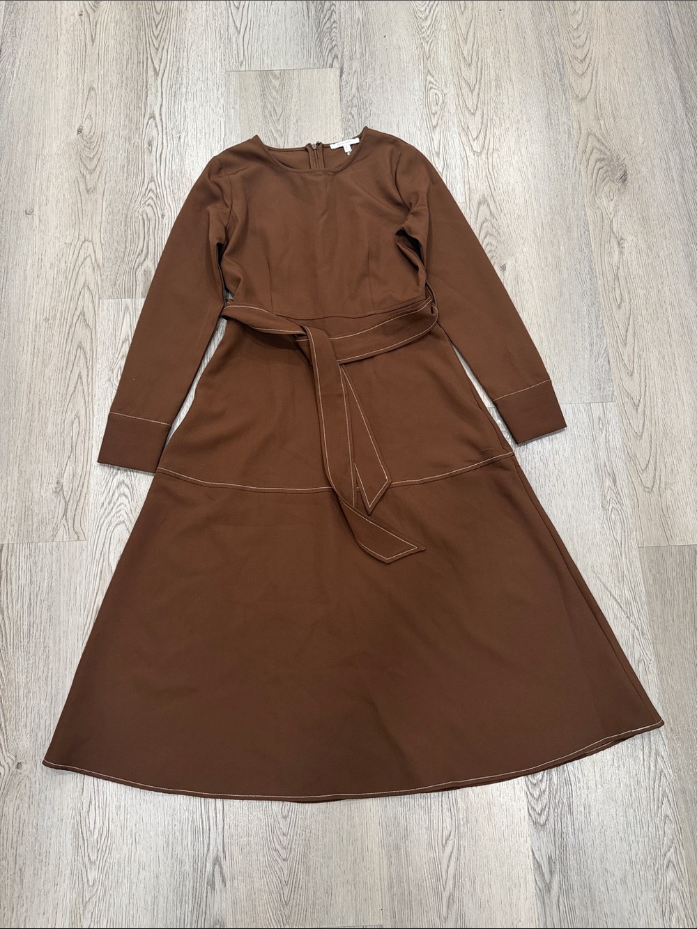 Zoe and Claire Classic Long Sleeve Brown A-Line Dress with Waist Tie